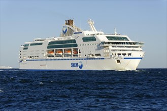 Large white ferry of Corsica Linea located on the sea, Marseille, Departement Bouches-du-Rhone,