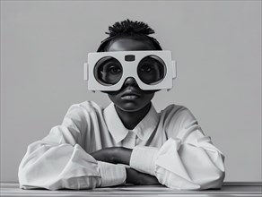 A child gazes through oversized simulated reality goggles, evoking curiosity and futurism, AI