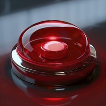 A bright red, shiny button on a dark background, AI generated