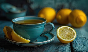 Black tea with lemon in blue ceramic teacup AI generated