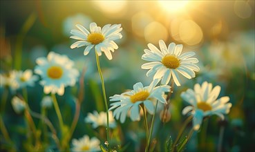 Daisies in a field at sunset, fields and meadows, spring nature background AI generated