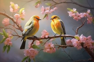 Springtime Serenity: Birds Amidst Blossoming Flowers, AI generated