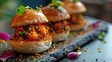 Spicy vegetarian sliders garnished with fresh herbs on a serving board, AI generated
