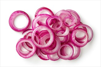 Thinly sliced rings of red onion stacked and isolated on a white background, AI generated