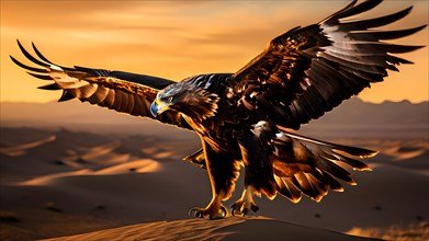 Golden eagle in sun kissed sand dune talons gripping the gobi deserts, AI generated