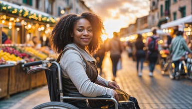 A young woman in a wheelchair confidently navigating a market street in the city at dusk, AI