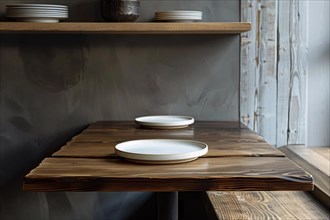 A minimalist setting with ceramic plates on a wooden table against a rustic wall background, AI