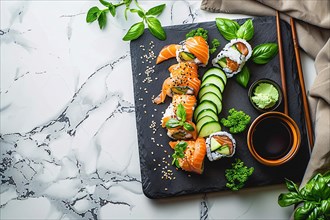 An appetizing array of sushi with salmon, avocado, and fresh herbs on a black ceramic plate, AI