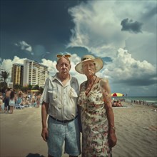 An elderly couple stands earnestly on a sunny beach against a backdrop of tower blocks, AI