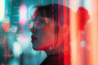 Close-up of a woman wearing neon-light glasses reflecting a hi-tech environment, AI generated