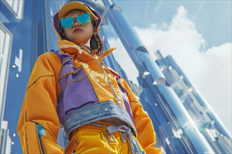 Fashion-forward woman in a vibrant yellow jacket and stylish sunglasses, AI generated