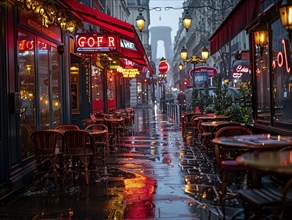Eine nasse Strasse reflektiert die Lichter eines Cafes bei Regen, Lifestyle in Paris, Frankreich,