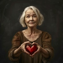 A smiling elderly woman holds a red heart-shaped object lovingly in her hands, AI generated