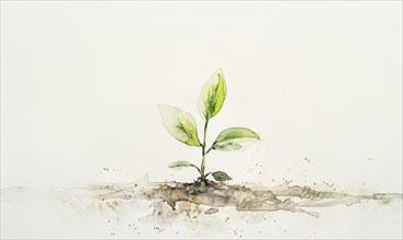 Watercolor illustration of a small tree sprout emerging from the ground AI generated