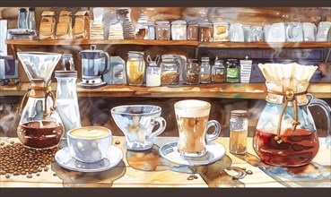 Watercolor illustration of a coffee shop scene with various coffee-related items like cups AI