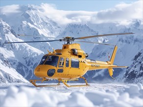 Ein gelber Hubschrauber schwebt in der Winterlandschaft mit klarblauem Himmel und Bergen,