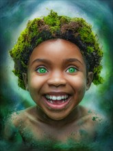 Excited child with sparkling eyes, surrounded by a bubble effect and greenery, moss growing and