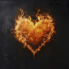 A flaming heart shape glowing against a dark, warm background, AI generated