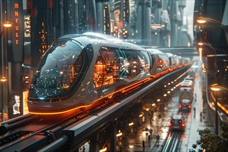 Metallic futuristic train travels through an urban landscape, illuminated in the evening, AI