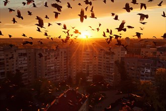 A flock of rooks, ravens flies over an urban area, AI generated, AI generated, AI generated