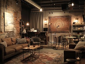 Vintage music venue with cozy leather sofas, brick walls, and a small performance stage surrounded