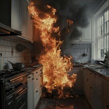 A wild fire rages in the middle of a kitchen, AI generated