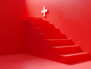 Red stairs leading up to a cross, a possible symbol for health and emergency services,