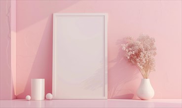 Flat background with blank poster mockup on pink wall AI generated