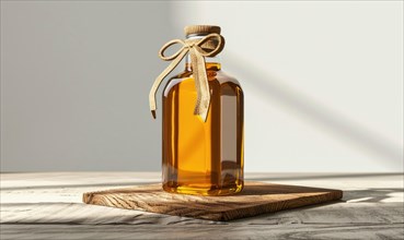 Amber glass bottle mockup containing premium organic oil, beauty care produce background AI