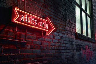 Red neon light sing with 'Adults only' text hanging on brick wall. KI generiert, generiert, AI
