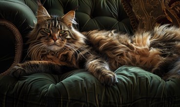 Majestic Maine Coon cat lounging on a plush velvet cushion AI generated