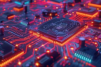 Close-up of a microchip on a circuit board with glowing neon lights, AI generated
