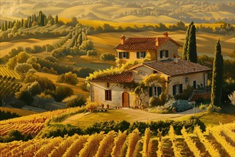 A serene landscape featuring a stone house amidst golden vineyards, bathed in the warm light of the