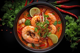 Spicy Seafood Soup Tom Yum with Fresh Herbs and Ingredients top view, AI generated