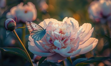 Close-up of a peony flower with a butterfly resting on its petals AI generated