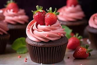 Chocolate cupcake with pink frosting and strawberry fruits. KI generiert, generiert, AI generated