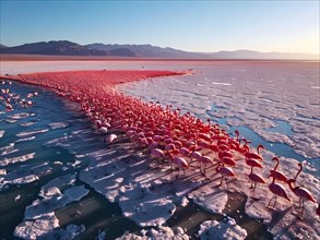 Sizable flock of flamingos soaring across the salt flats of the atacama desert, AI generated