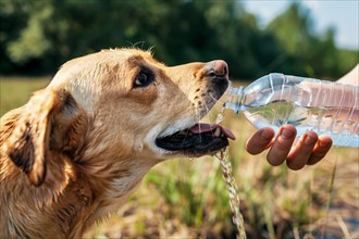 Human giving water from bottle to dog in summer. KI generiert, generiert, AI generated
