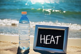 Water bottle next to picture frame with text 'heat' at beach. KI generiert, generiert, AI generated