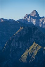 Mountain panorama from Nebelhorn, 2224m, to Hoefats, 2259m, behind Grosser Krottenkopf, 2656m,