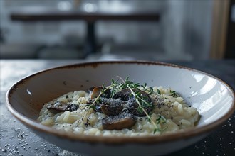 Gourmet risotto with truffles and parmesan in a ceramic bowl, served in an elegant dark setting, AI