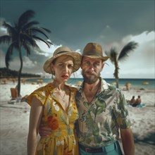 A couple in summer clothes and straw hats stand on the beach with a serious look on their faces, KI