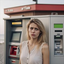 Woman standing anxiously at an ATM next to a petrol station at dusk, AI generated