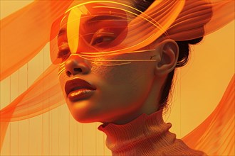 Stylized portrait of a woman with futuristic sunglasses and abstract orange elements, AI generated