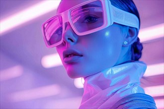 Woman in futuristic attire with sci-fi inspired eyewear in a blue neon environment, AI generated