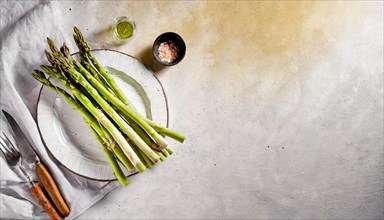 Fresh asparagus on a white plate with cutlery and spices, in natural light, AI generated, AI