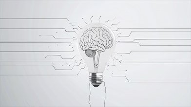 Conceptual image of a light bulb with a brain inside symbolizing an idea or innovation, ai
