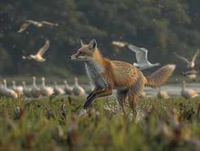 A fox runs through the water at dawn with birds in the background, AI generated, AI generated, AI