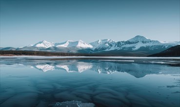 A distant view of snow-capped mountains reflected in the frozen surface of a lake AI generated