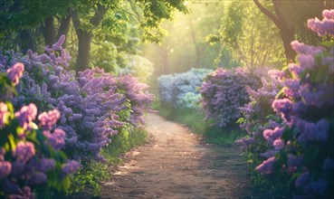 A garden pathway lined with blooming lilac bushes AI generated